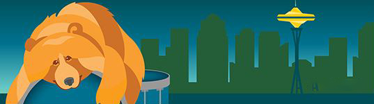 A picture of the ZooTunes 2021 banner with a bear lying on a ball with the Seattle skyline and Space Needle in the background